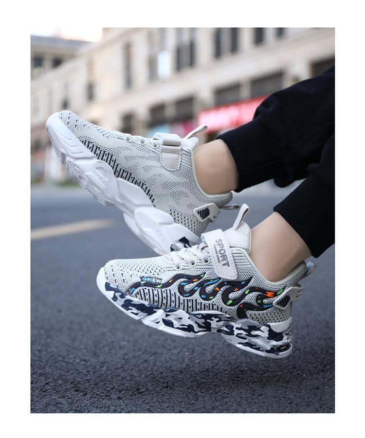 Kids Breathable Knit Athletic Sneakers - Sporty Hook-and-Loop Shoes
