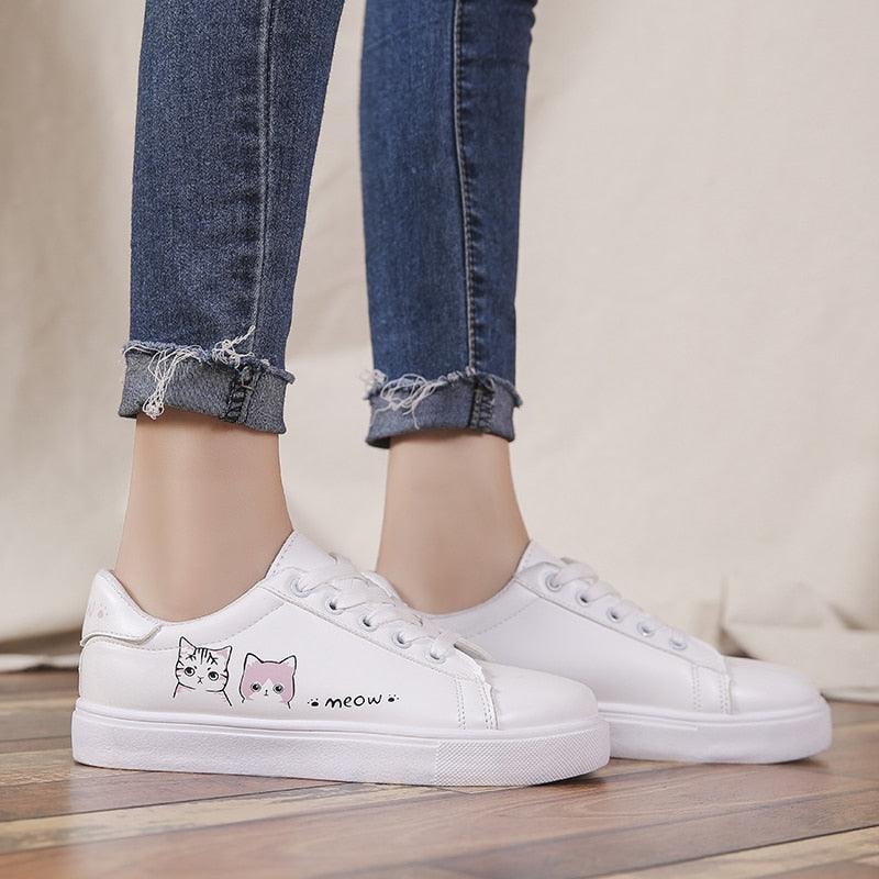 Women's White Platform Sneakers PU Leather Casual Lace-Up Shoes