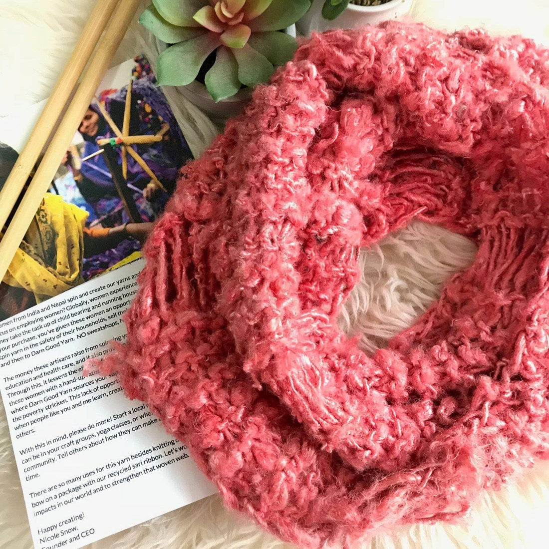Spring Infinity Scarf Knit Kit in shades of pink and coral recycled sari ribbon