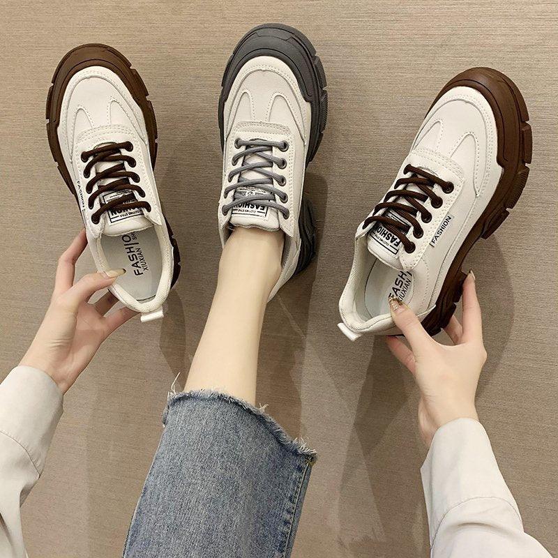 Women's White Lace-Up Platform Sneakers Casual Walking Shoes