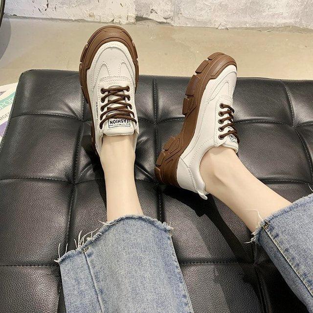 Women's White Lace-Up Platform Sneakers Casual Walking Shoes