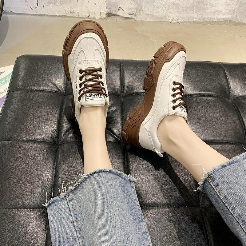 Women's White Lace-Up Platform Sneakers Casual Walking Shoes
