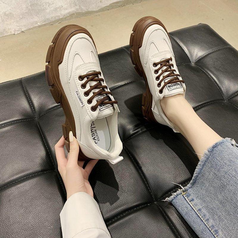 Women's White Lace-Up Platform Sneakers Casual Walking Shoes