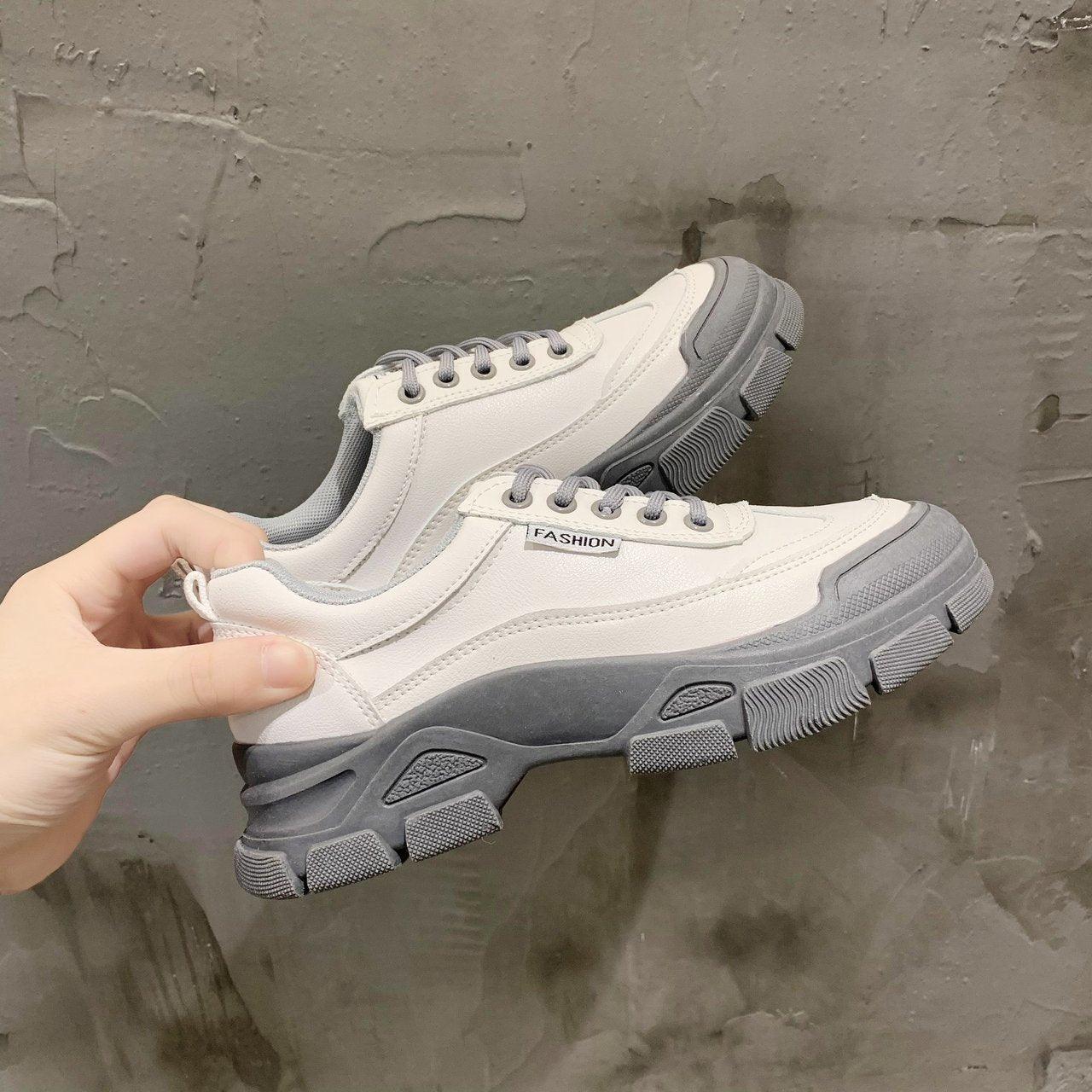 Women's White Lace-Up Platform Sneakers Casual Walking Shoes