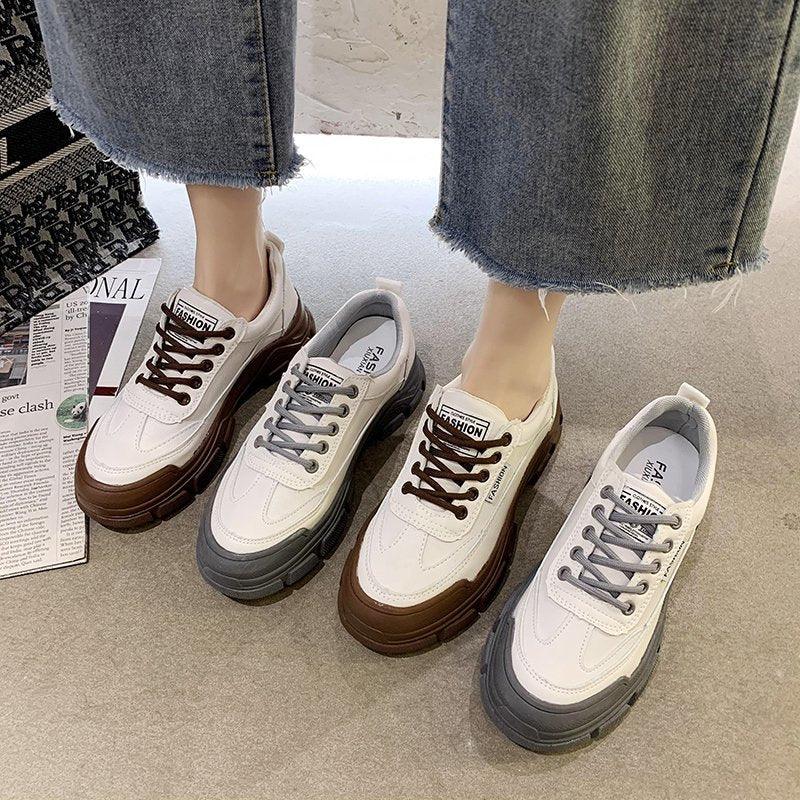 Women's White Lace-Up Platform Sneakers Casual Walking Shoes