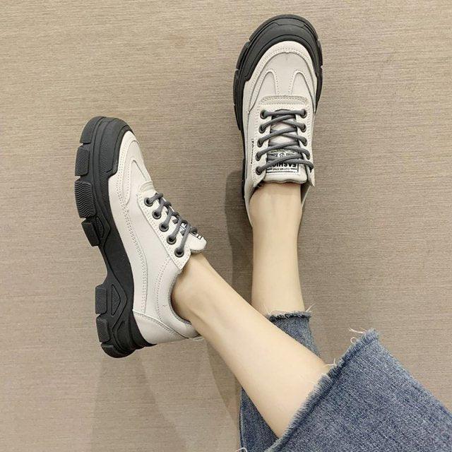 Women's White Lace-Up Platform Sneakers Casual Walking Shoes
