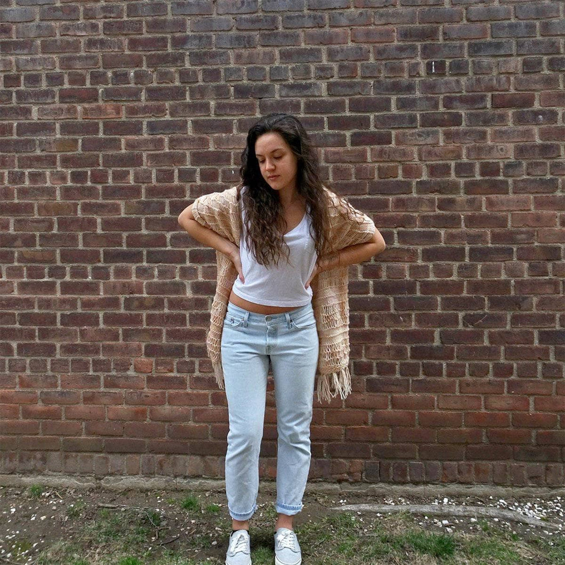 Spring Vibes Geometric Knit Shawl in Peach and Cream