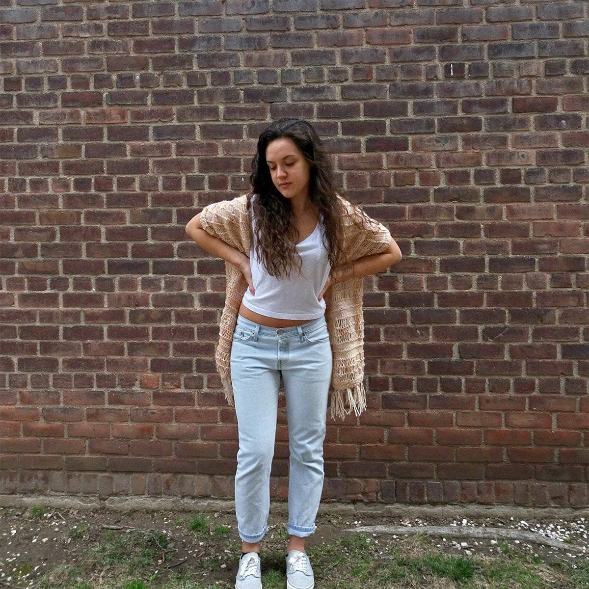 Spring Vibes Geometric Knit Shawl in Peach and Cream