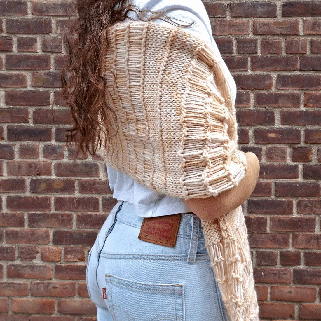 Spring Vibes Geometric Knit Shawl in Peach and Cream