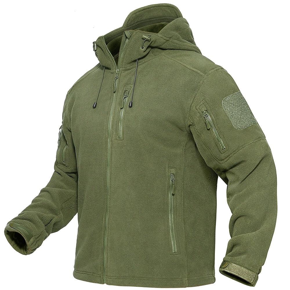 Men wearing a tactical waterproof fleece jacket with a hood in olive green outdoor setting