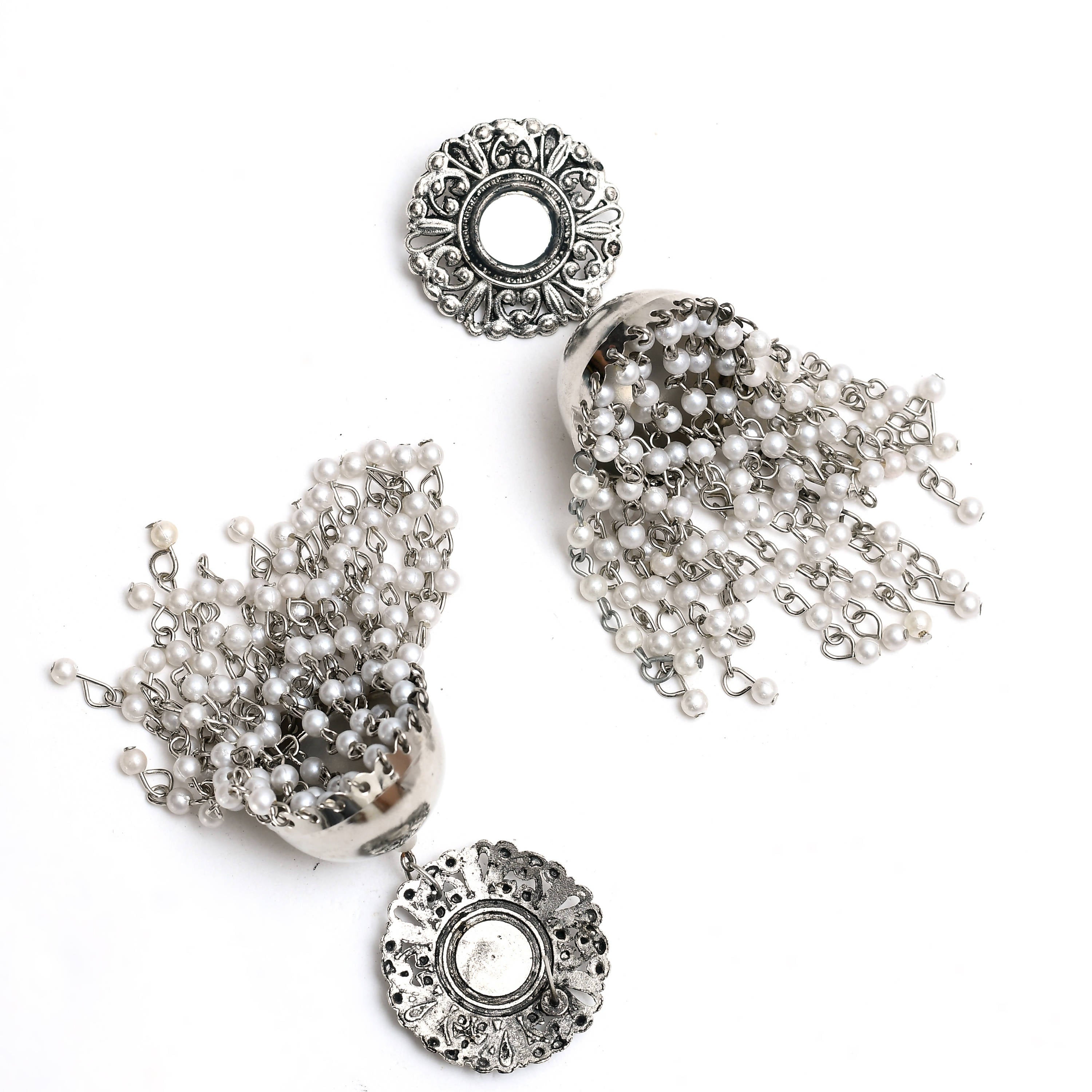 Bohemian Silver Tone Jhumka Earrings with Pearl Accents