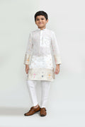 Elegant white jacquard silk kurta with white straight fit pants