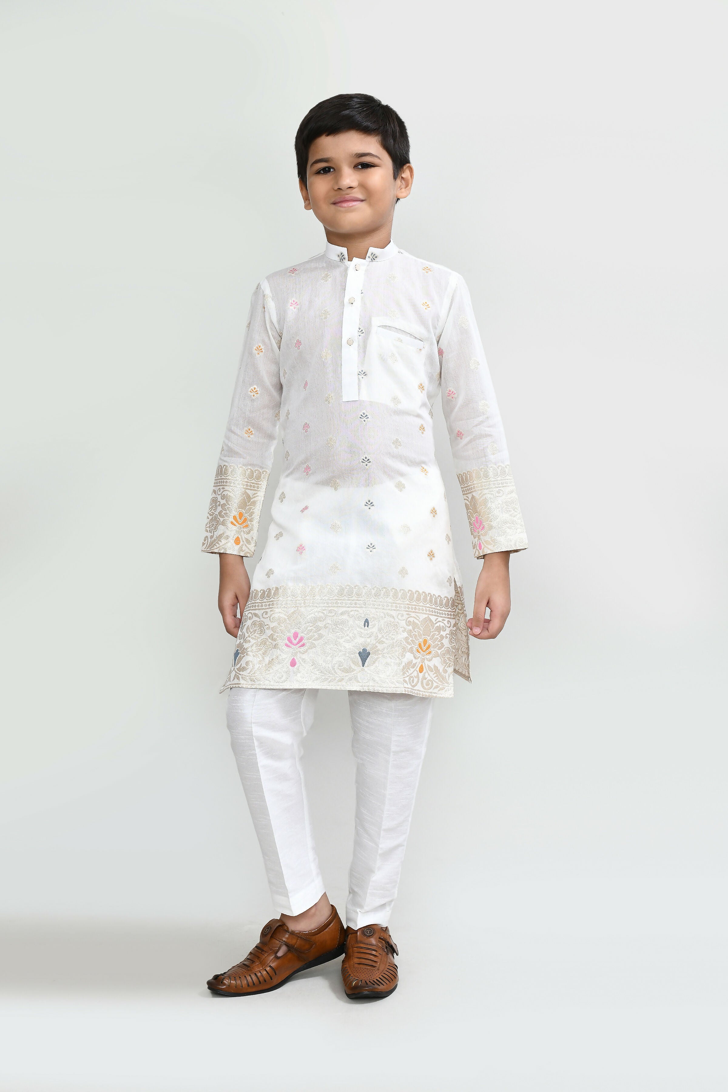 Elegant white jacquard silk kurta with white straight fit pants