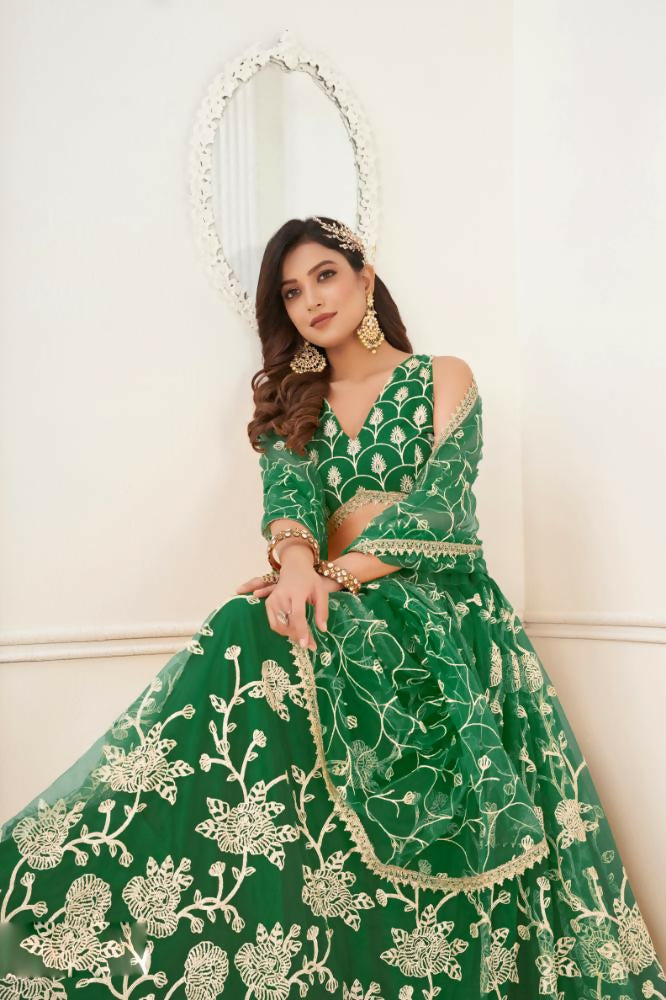 Parrot Green Butterfly Net Wedding Lehenga with Thread & Sequence