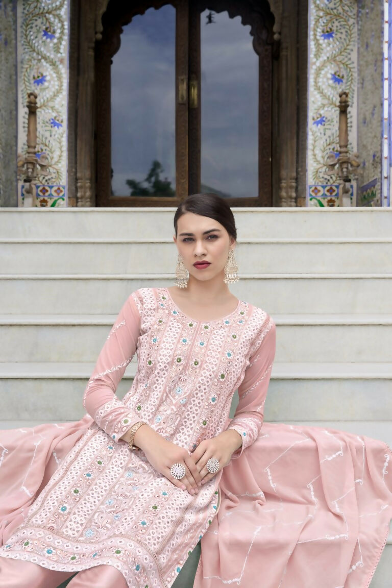 Pink Faux Georgette Kurta Set with Moti and Embroidery