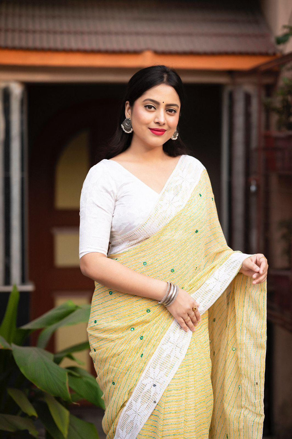 Lemon Poly Georgette Saree with Aari Mirror Border