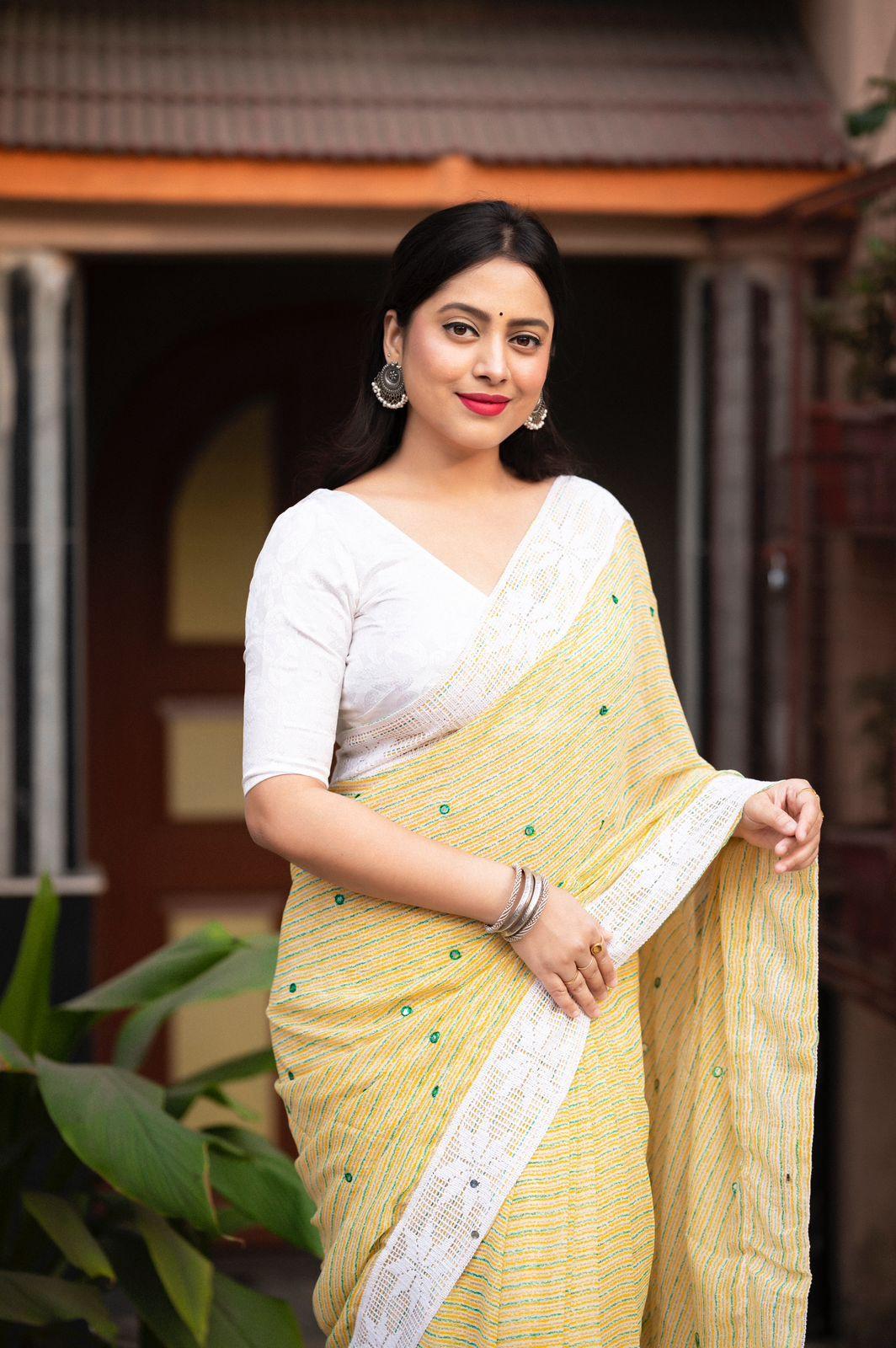 Lemon Poly Georgette Saree with Aari Mirror Border