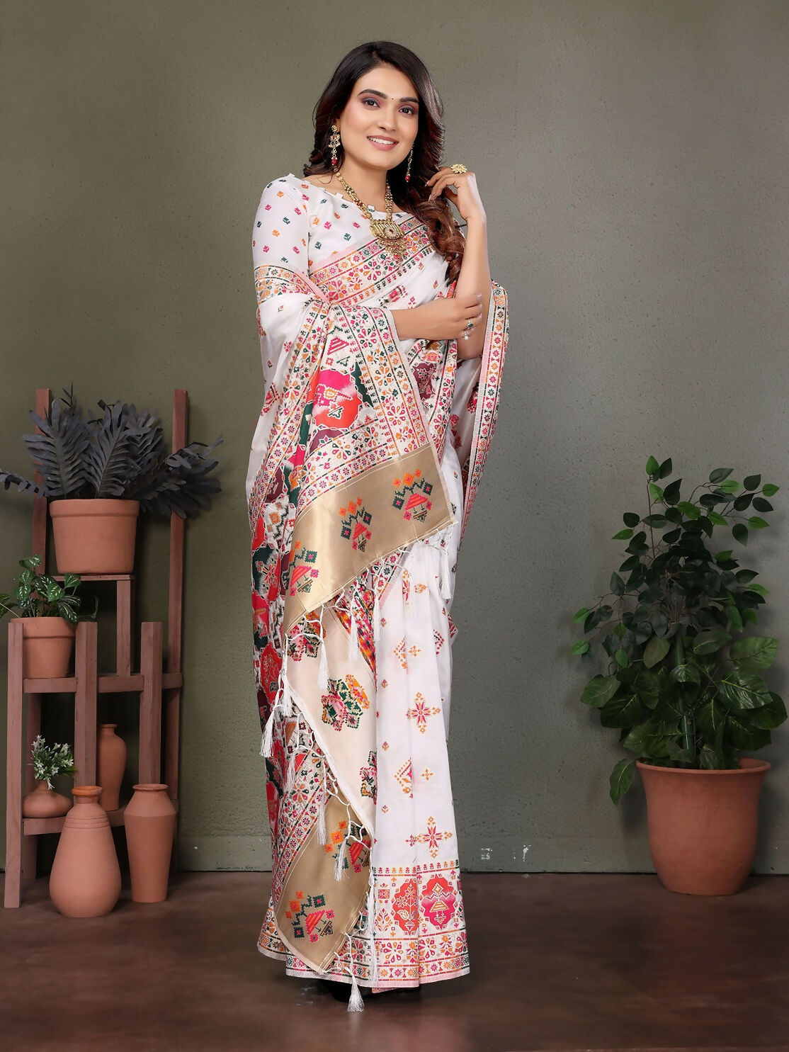 White thread woven soft silk Pashmina saree with unstitched blouse