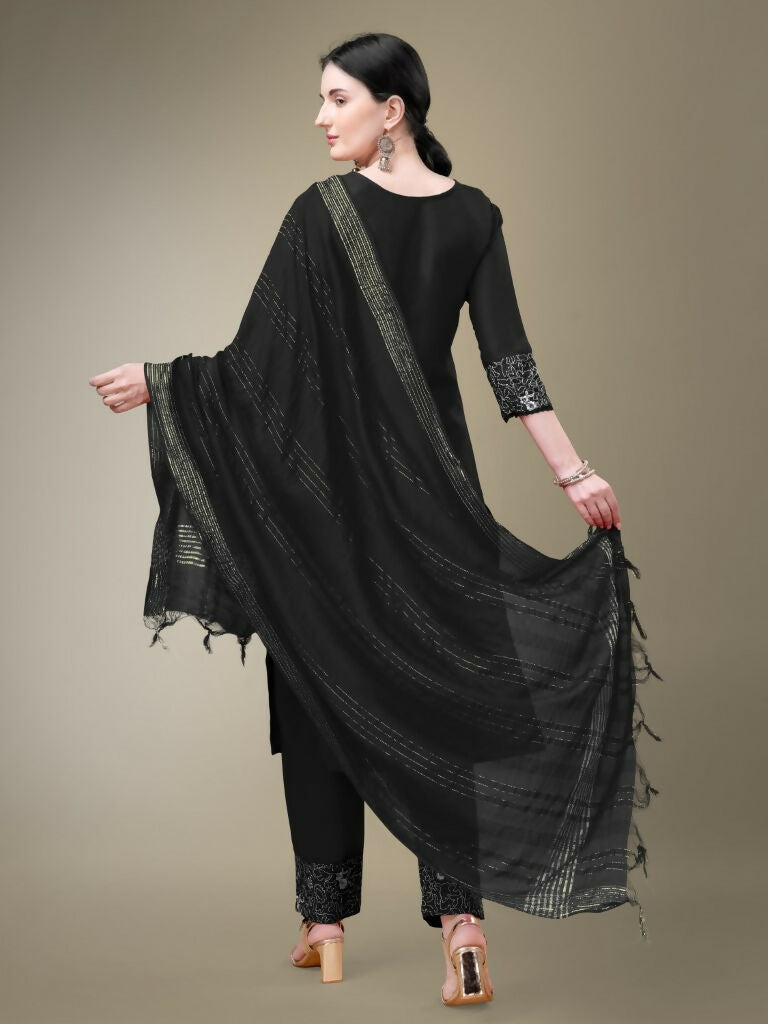 Women's Black Cotton Blend Embroidered & Lace Kurta Set