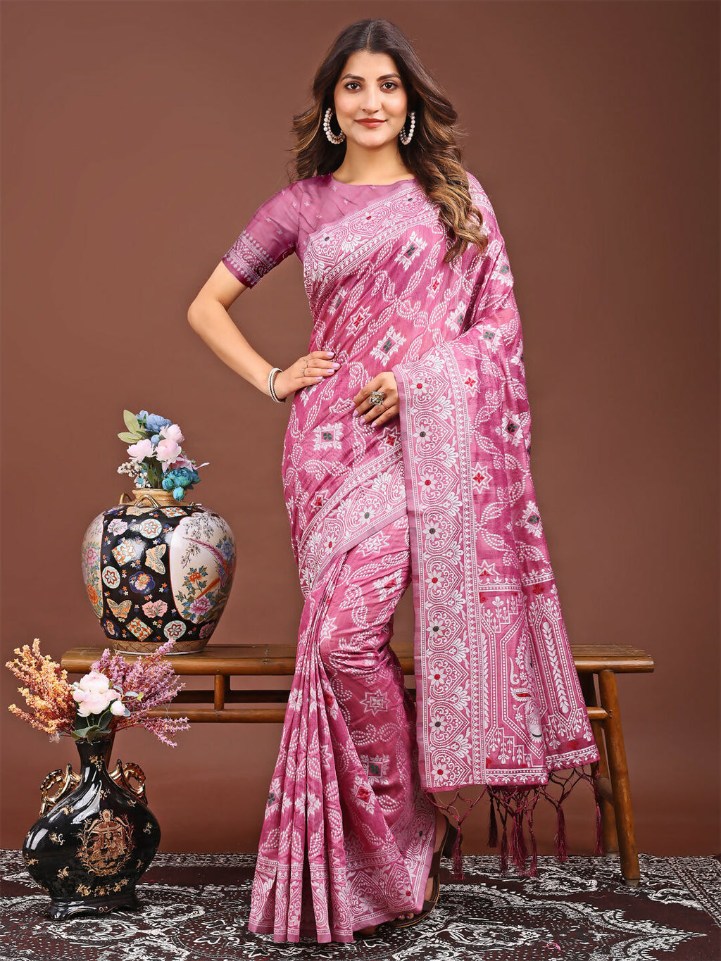 Beautiful pink linen cotton saree with matching blouse fabric