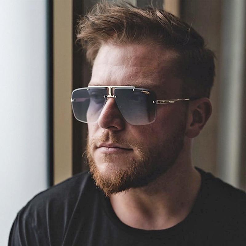 Oversized frameless square sunglasses with gradient lenses in a street style look