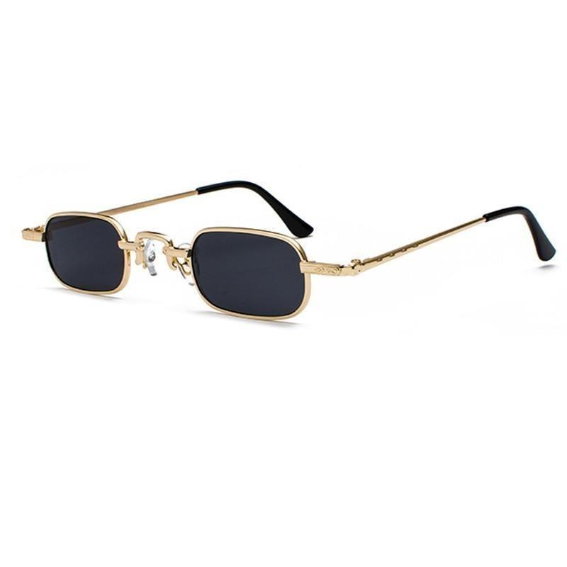 Unisex rimless square sunglasses with gold and black frame options for a minimalist streetwear aesthetic.