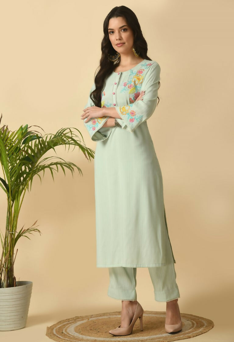 Light Green Cotton Rayon Kurta Set for Women - Ethnic Wear
