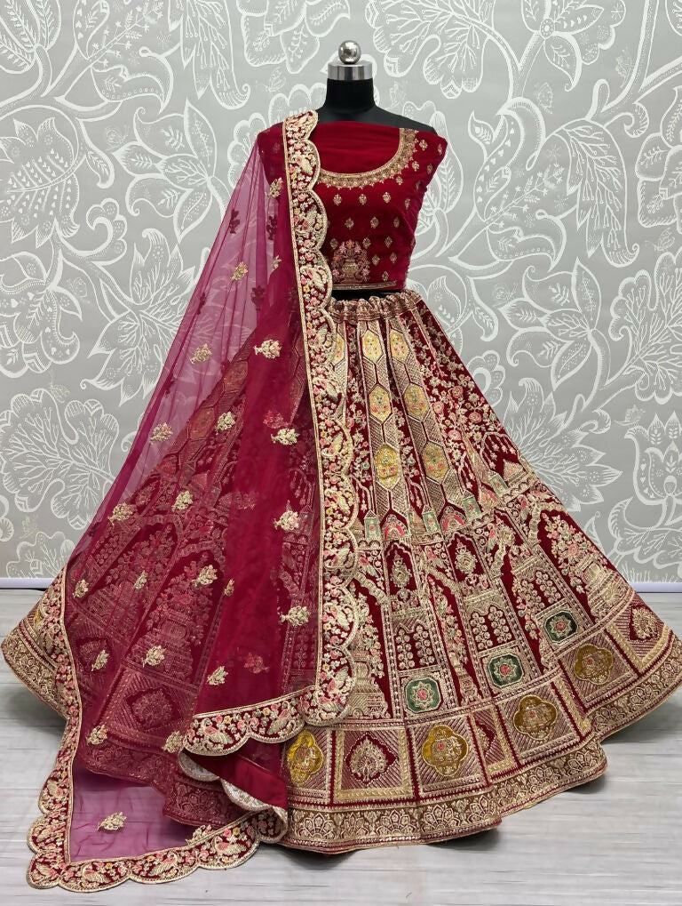 Rani Pink Velvet lehenga choli with detailed multi-thread Dori and diamond embroidery