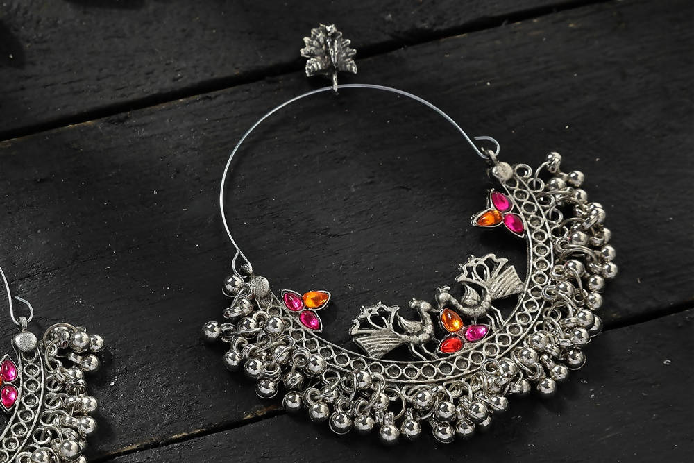Peacock Design Chandbali Earrings in Silver Pink and Orange