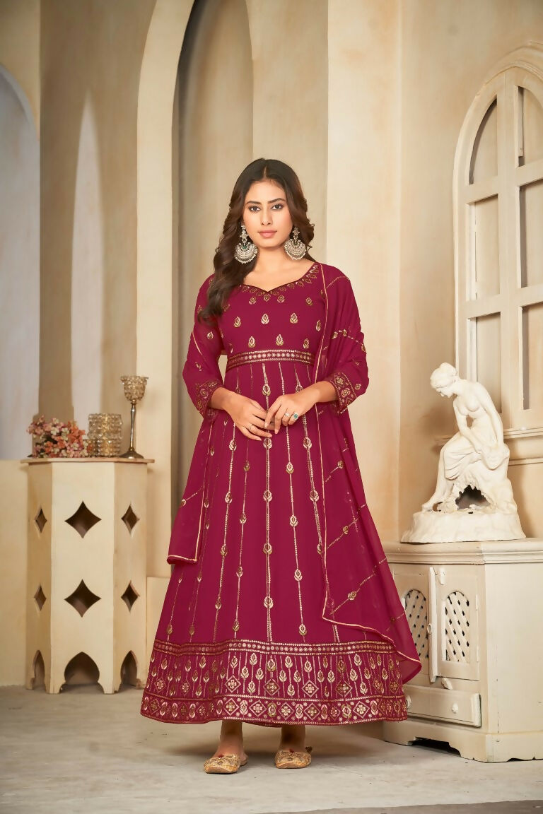 Rani Pink Georgette Embroidered Anarkali Kurta Pant Set