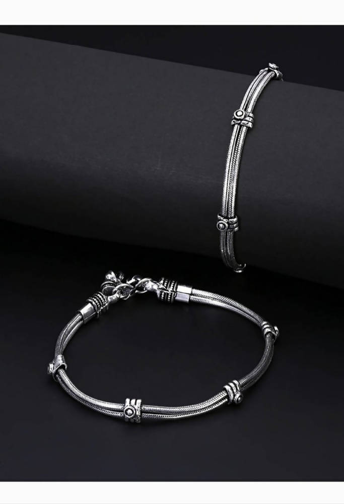Double Lined Oxidised Silver Anklet Traditional Payal Jewelry
