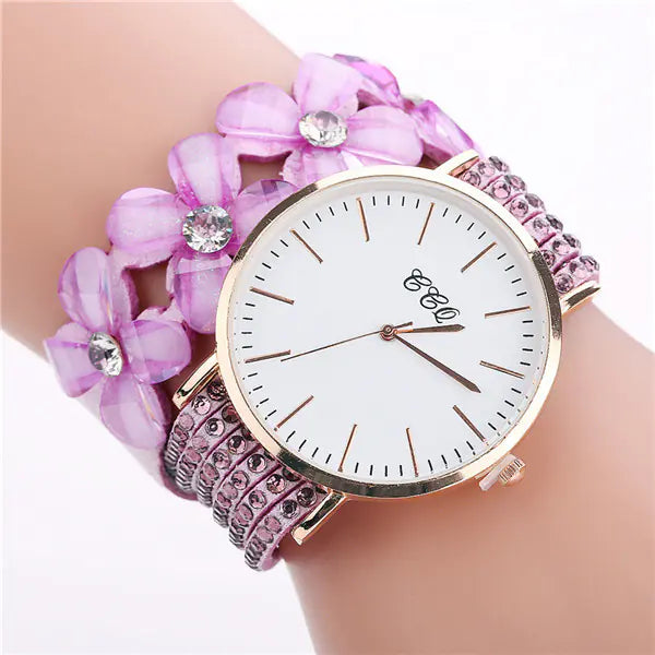 CCQ Women's Circle Bracelet Watch with Floral Crystals