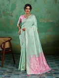 Rama green linen cotton saree with matching blouse piece