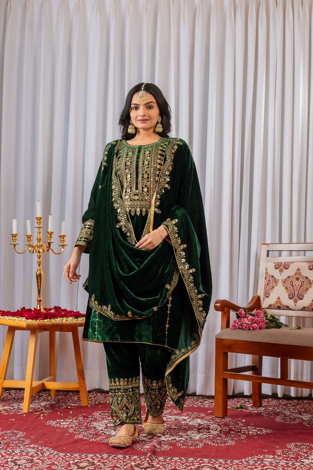 Green velvet kurta set with sequence embroidery and comfortable cotton inner