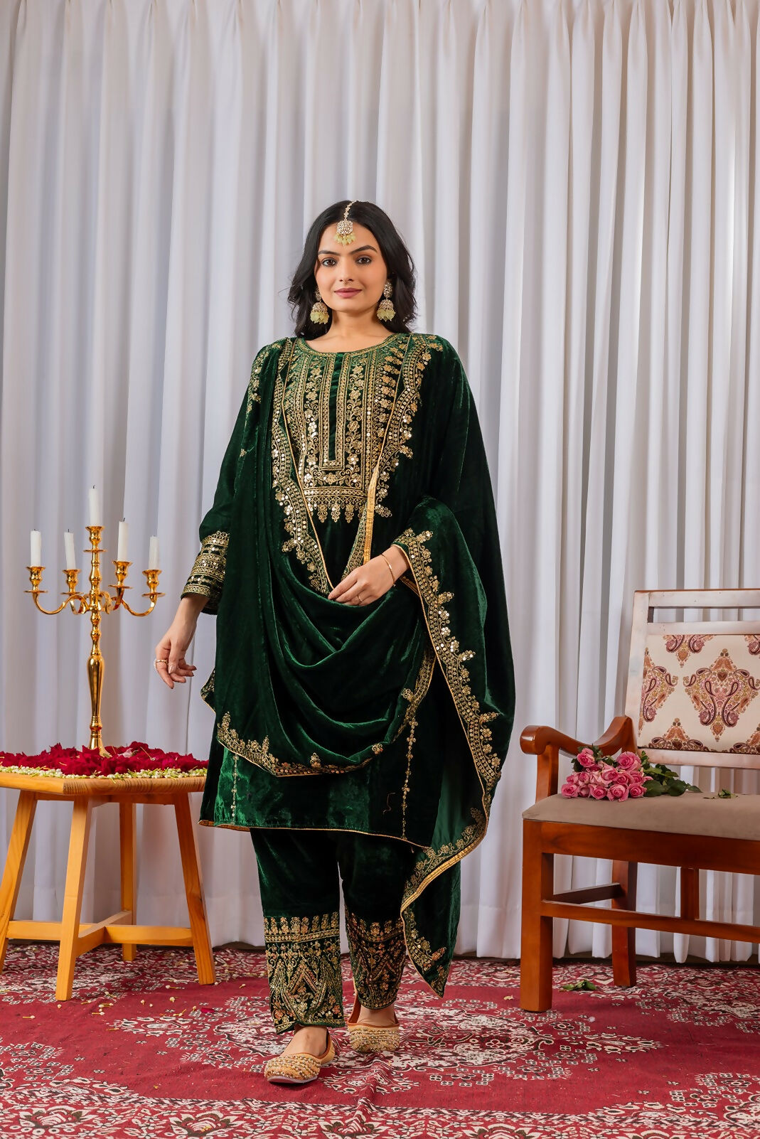 Green velvet kurta set with sequence embroidery and comfortable cotton inner