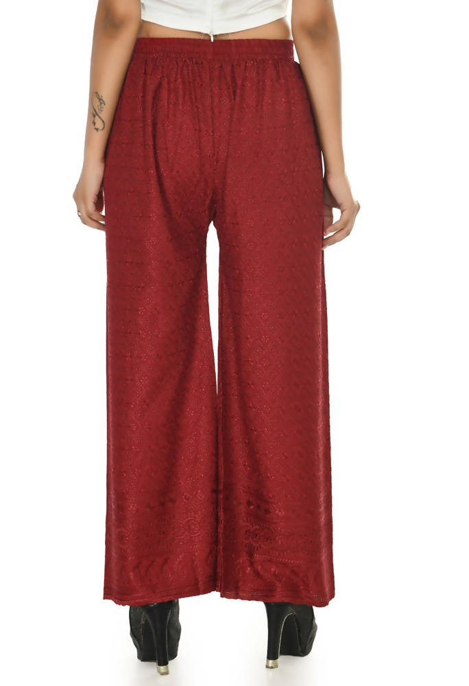 Maroon Rayon Cotton Palazzo Pants with Elegant Chikankari Work