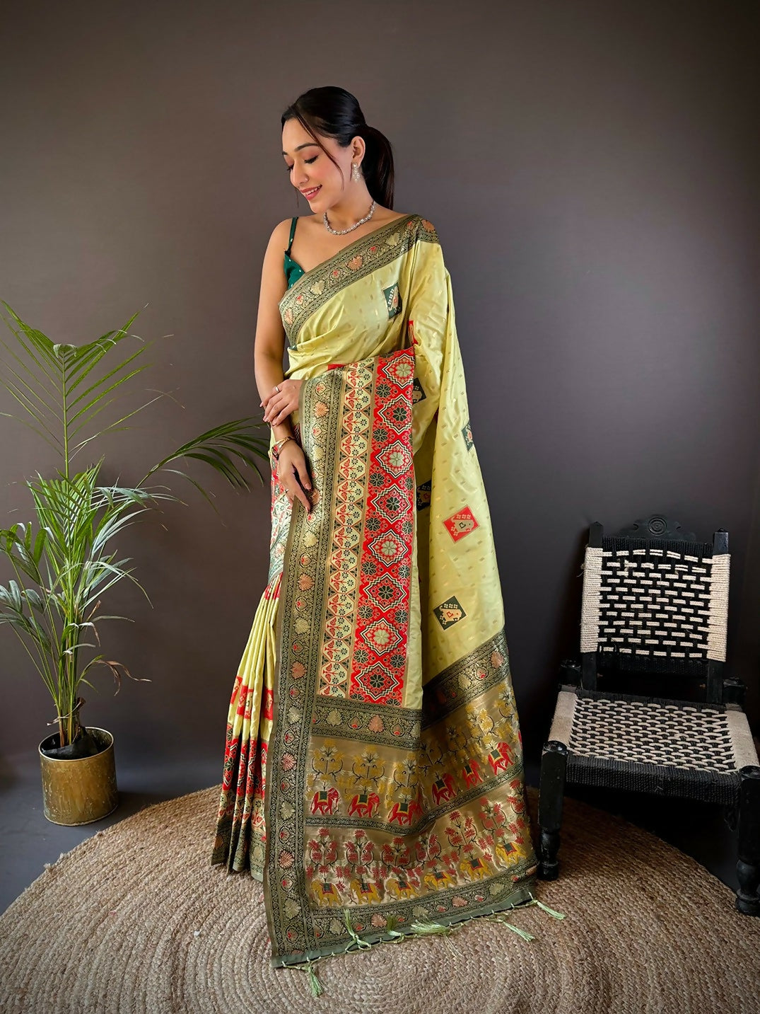 Light Green Banarasi silk saree with detailed small butti motifs