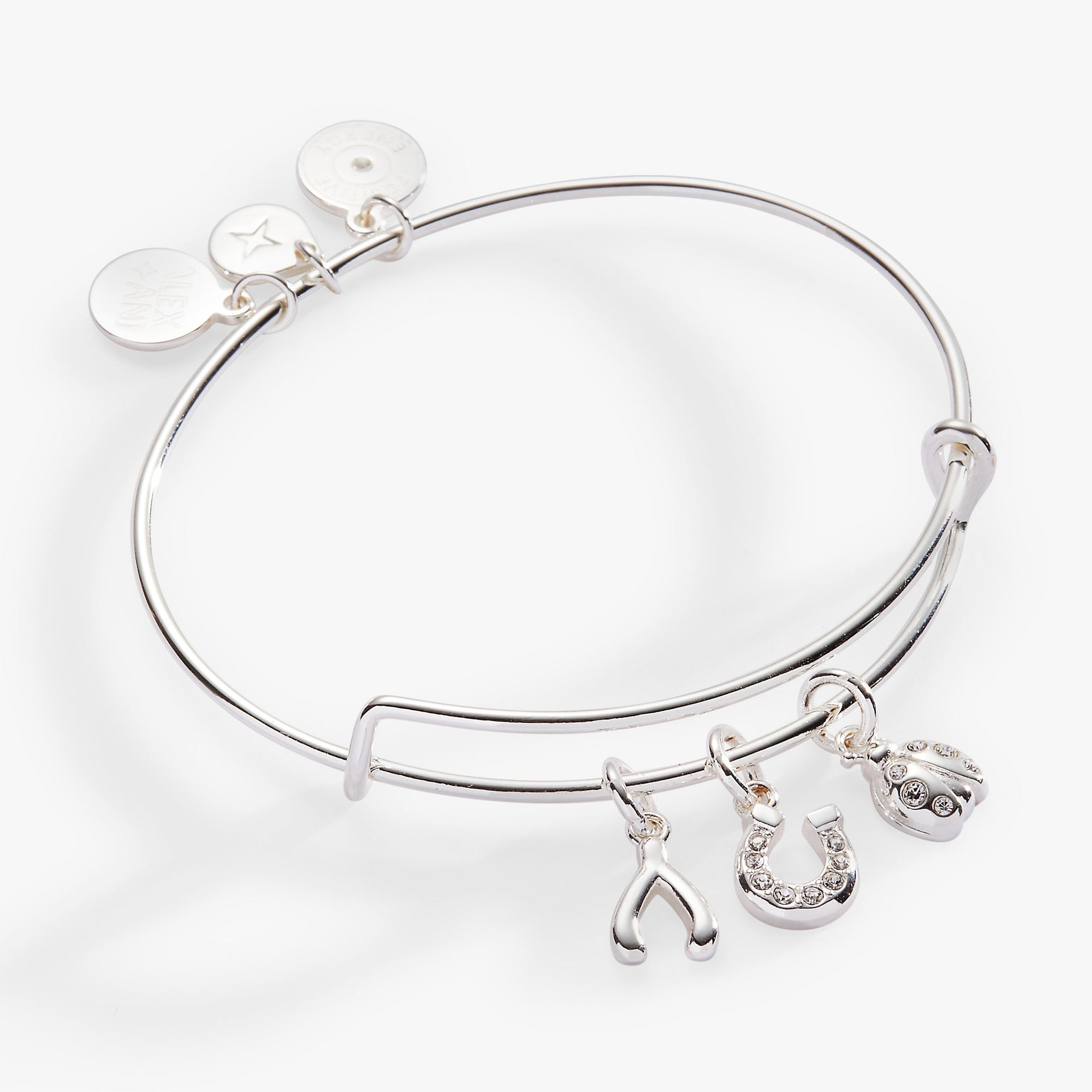 Silver expandable wire bangle featuring crystal-accented ladybug, horseshoe, and wishbone charms