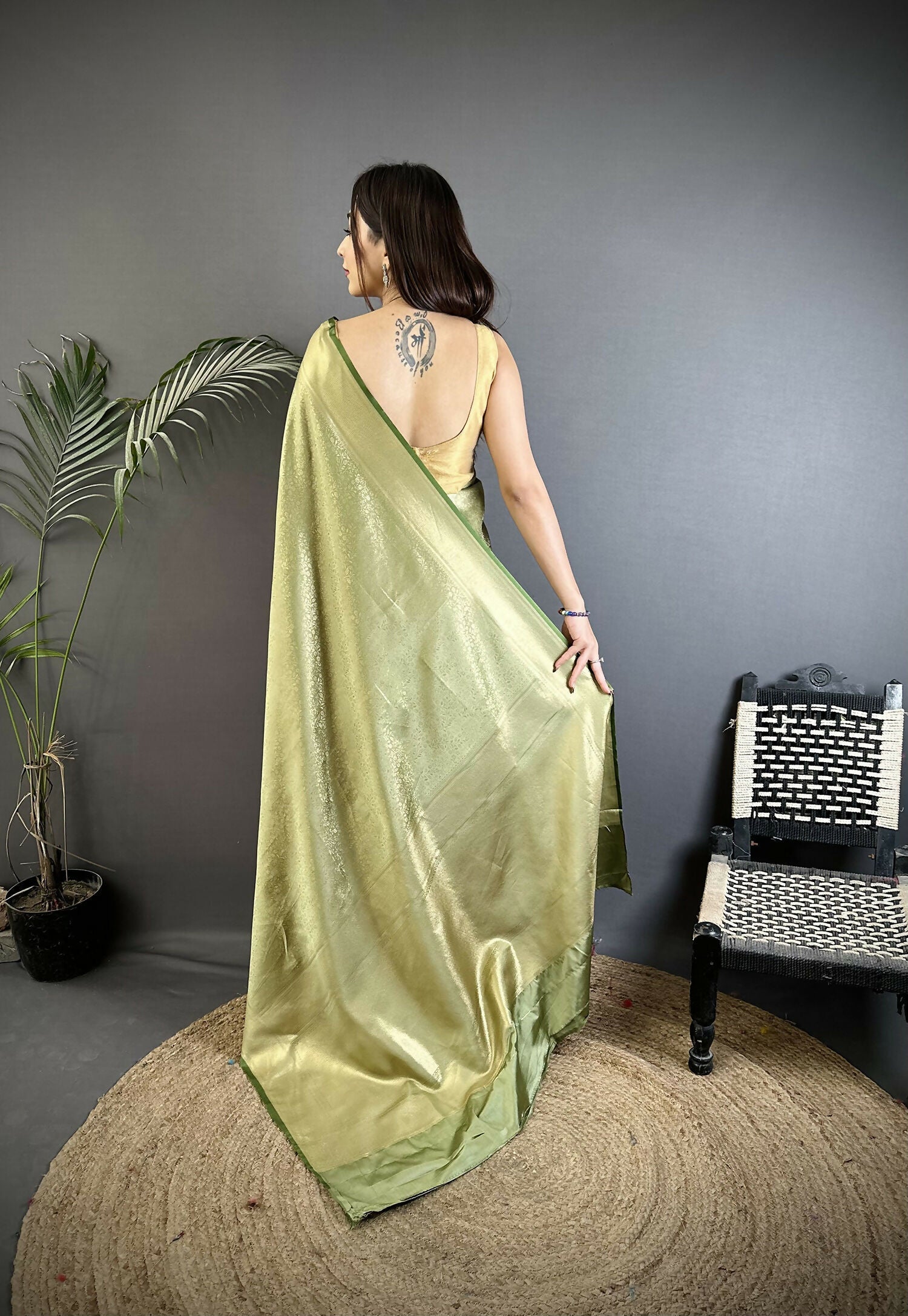 Sage Green Floral Motifs Soft Satin Silk Kanchipuram Saree