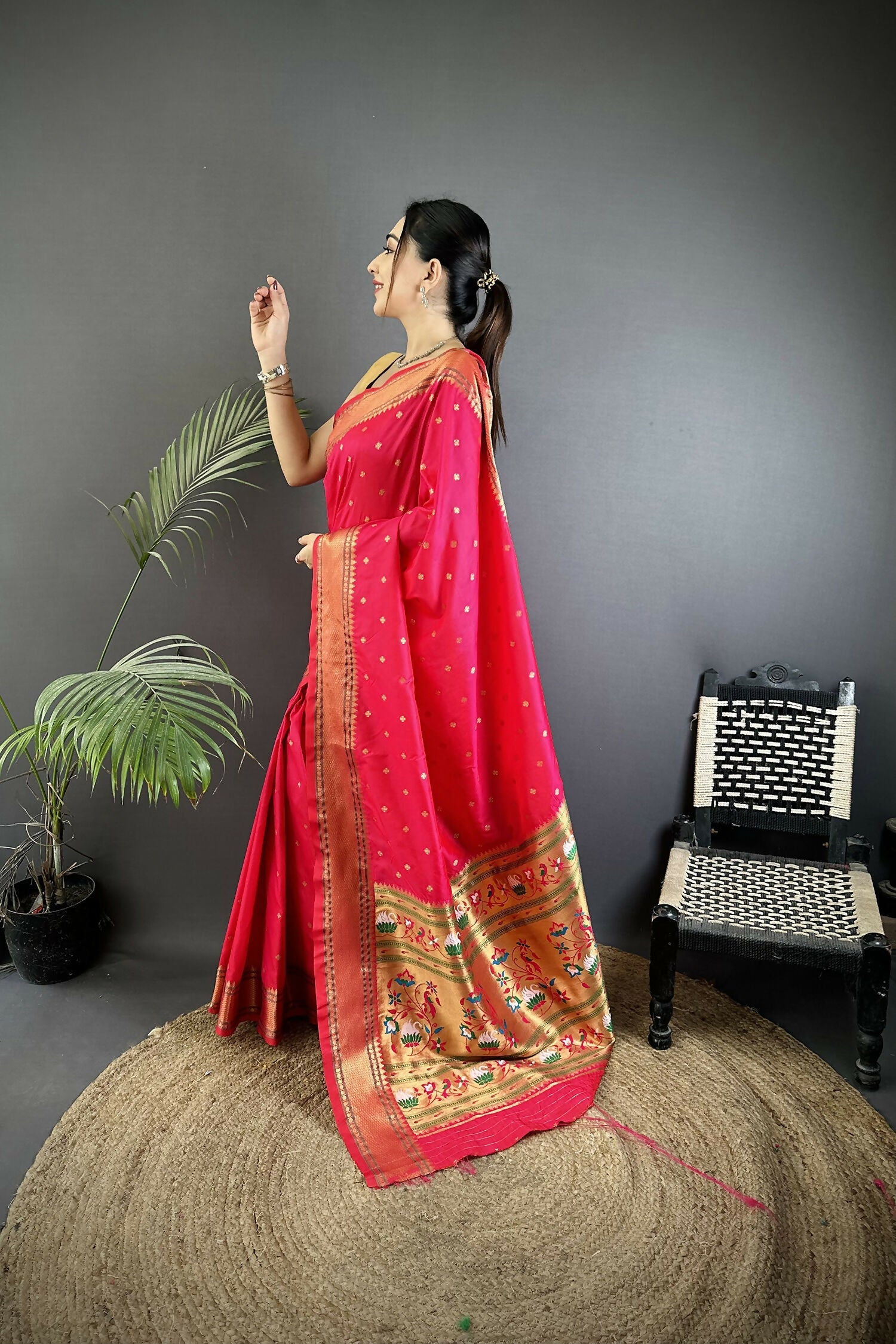 Magenta Pink Butti Woven Soft Lichi Silk Paithani Saree