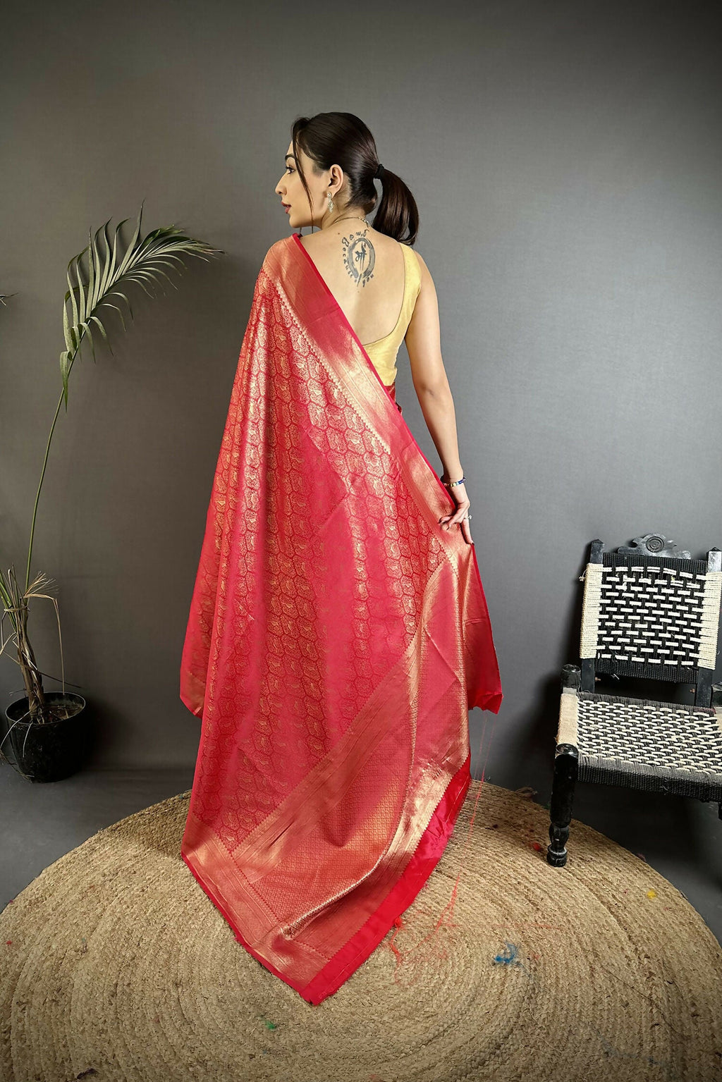 Red Paisley & Floral Soft Satin Silk Banarasi Saree with Blouse
