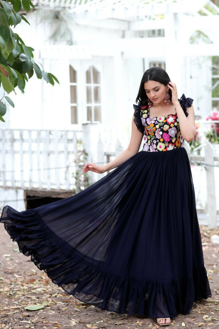 Navy Blue Floral Anarkali Dress with Sequins and Thread Embroidery