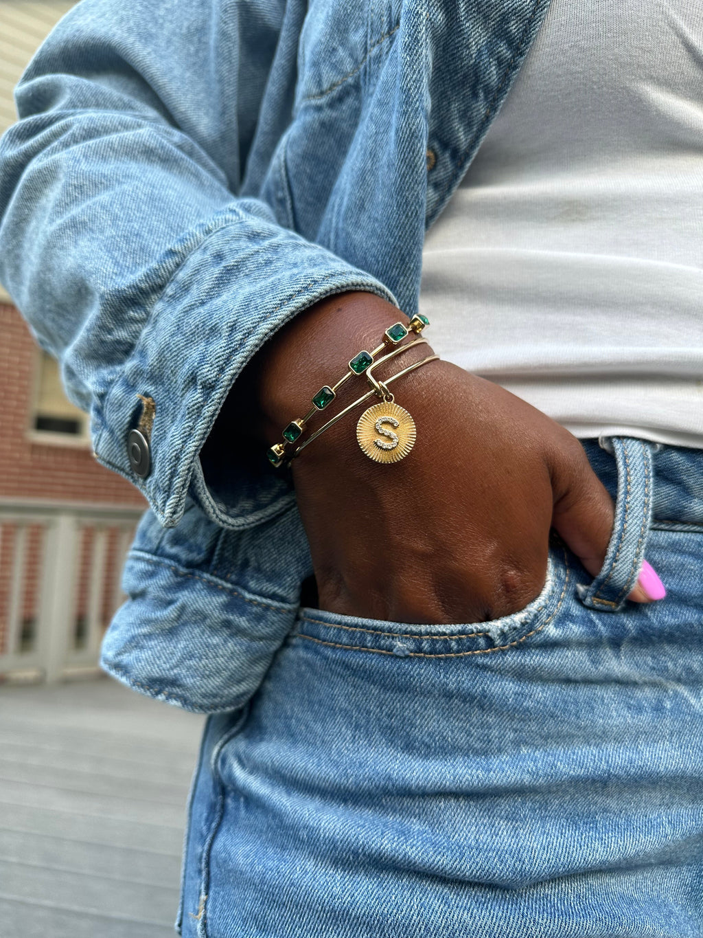 Initial S Pavé Starburst Texture Bangle Bracelet