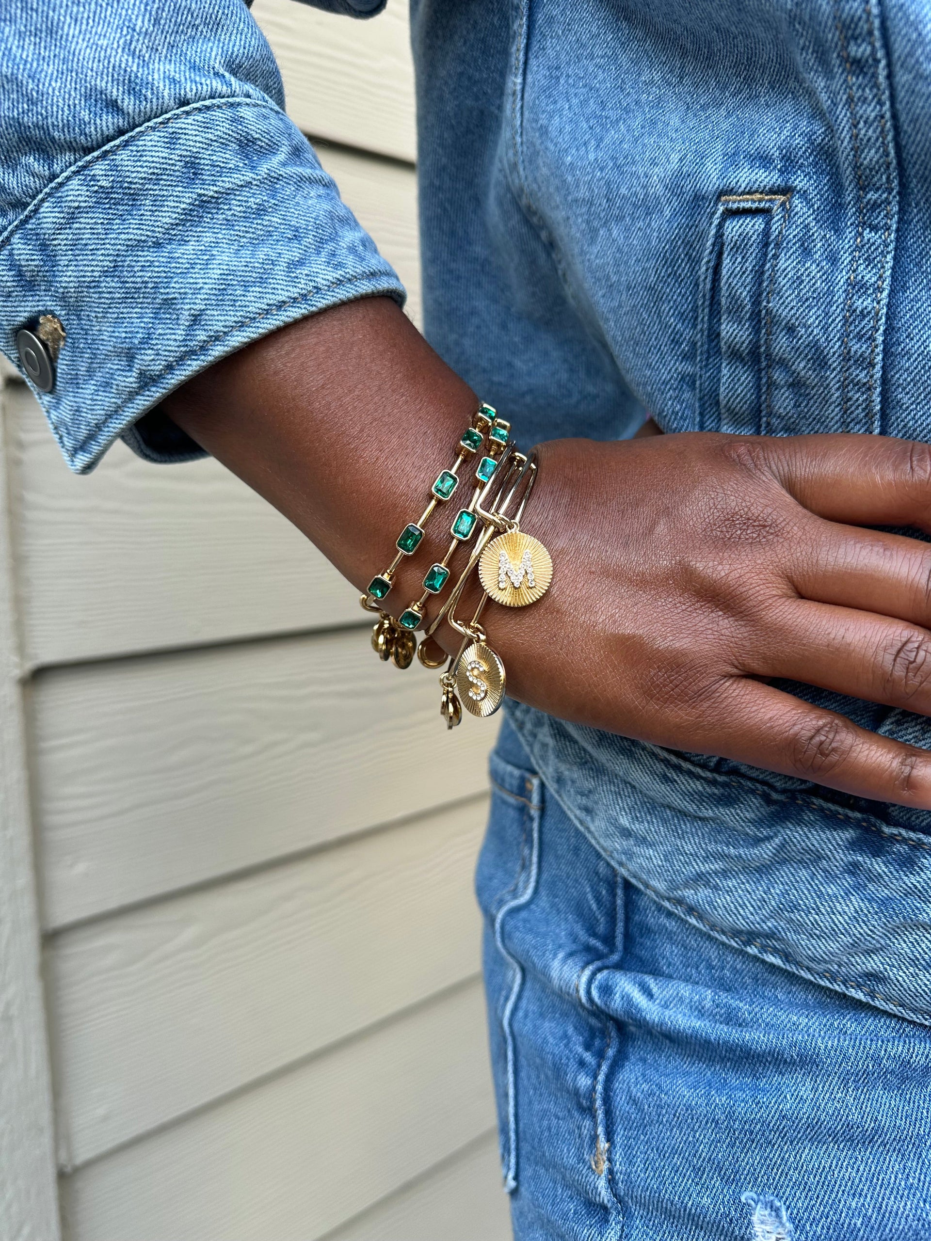 Initial M Pavé Starburst Texture Bangle Bracelet