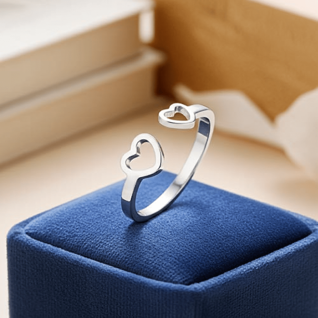 Stainless Steel Open Ring – Adjustable Two Hearts Ring for Women