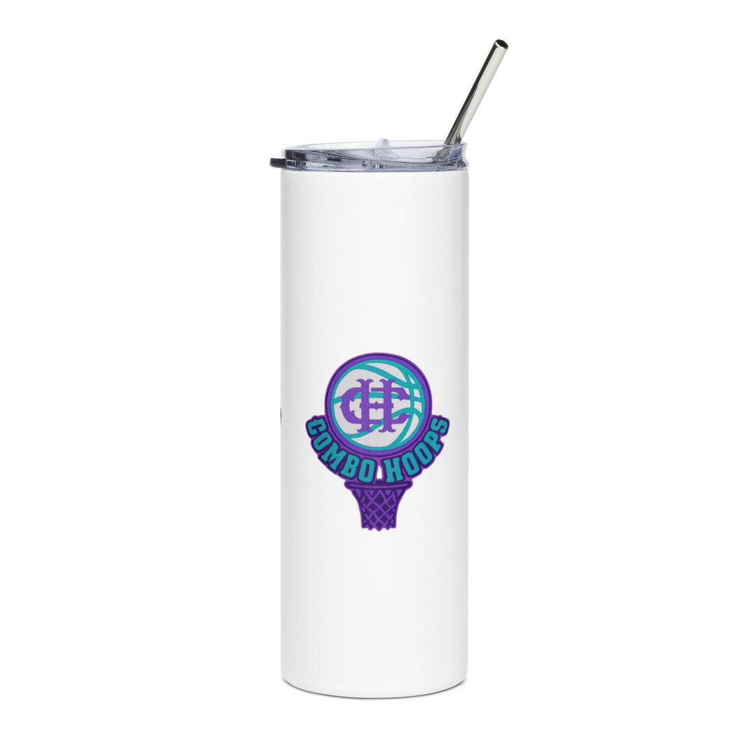 A white 20 oz stainless steel tumbler with a basketball-themed graphic and a metal straw.