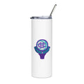 A white 20 oz stainless steel tumbler with a basketball-themed graphic and a metal straw.