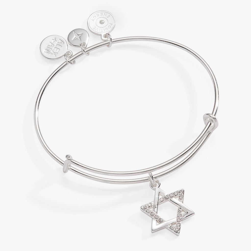 Two-tone silver and gold expandable bangle featuring a Star of David charm with clear crystal accents.