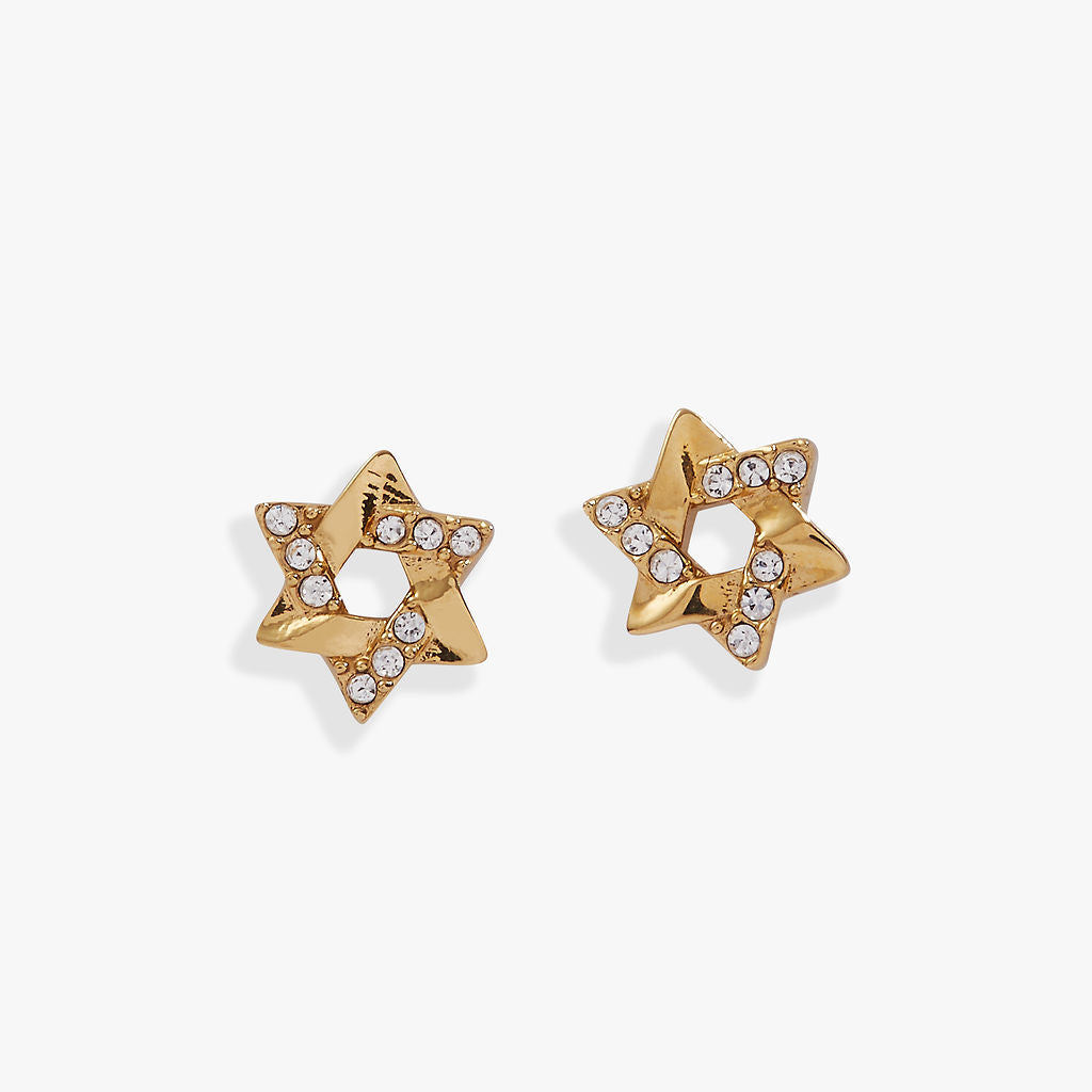 A pair of gold and silver tone Star of David mini stud earrings with pave crystal accents.