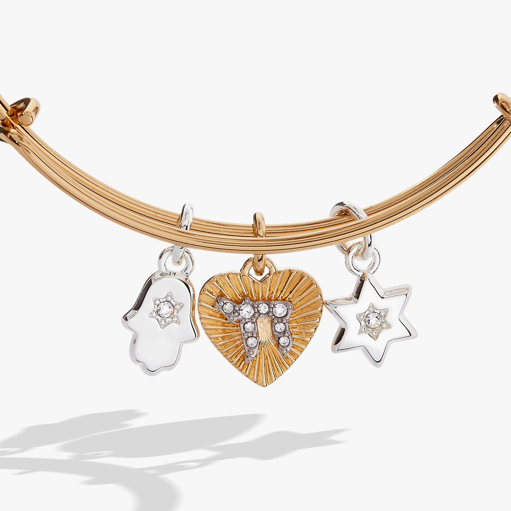 Star of David Charm Bangle Bracelet with Hamsa and Chai Symbols
